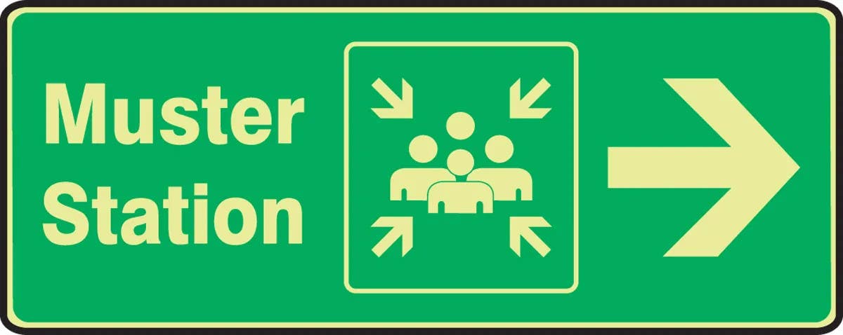 AccuformNMC MFEX94 Glow-In-The-Dark Safety Sign, Muster Station (Graphic), 7" H x 17" W