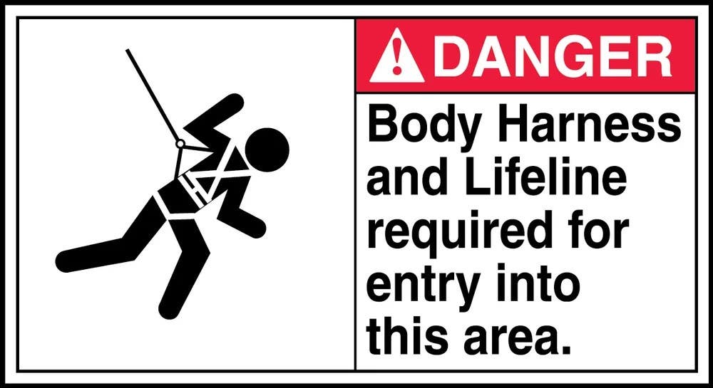 AccuformNMC MFPR001 ANSI Danger Safety Sign, Body Harness And Lifeline Required For Entry..., 6-1/2" H x 12" W