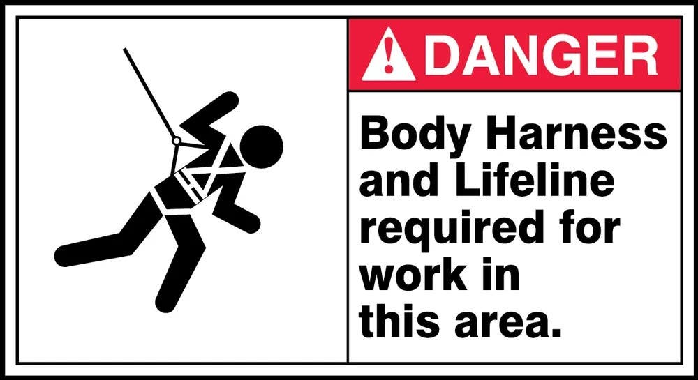 AccuformNMC MFPR002 ANSI Danger Safety Sign, Body Harness And Lifeline Required For Work..., 6-1/2" H x 12" W