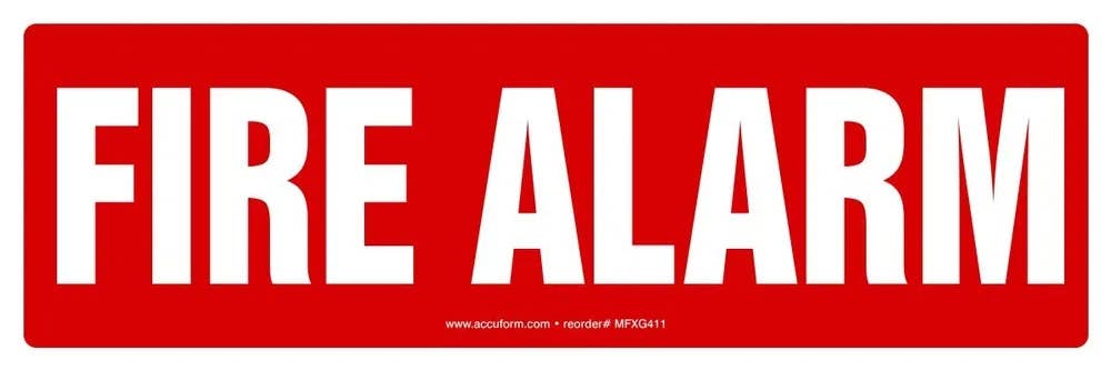 AccuformNMC MFXG411 Safety Sign, Fire Alarm (Red Background), 4" H x 12" W