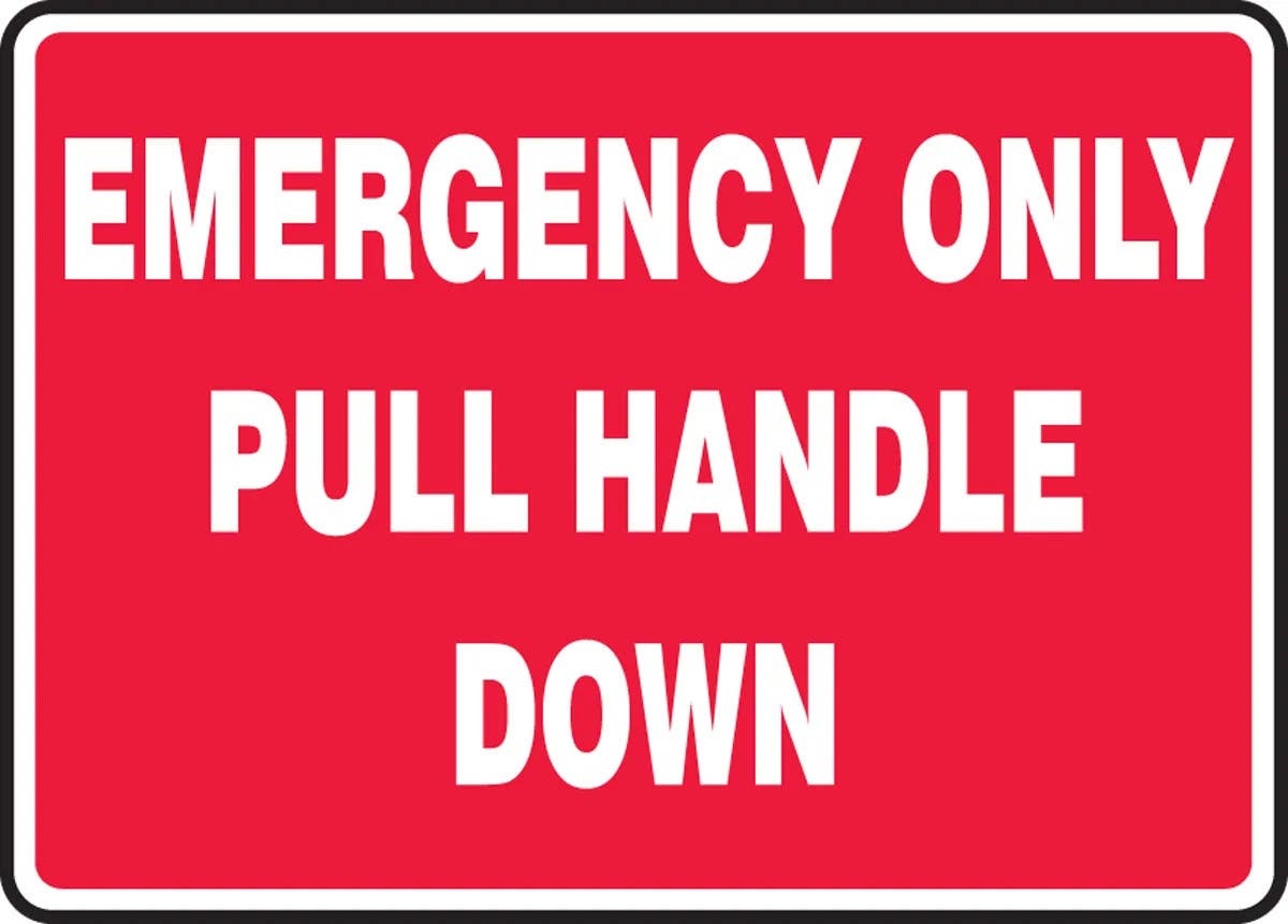 AccuformNMC MFXG507 Fire Safety Sign, Emergency Only Pull Handle Down, 10" H x 14" W