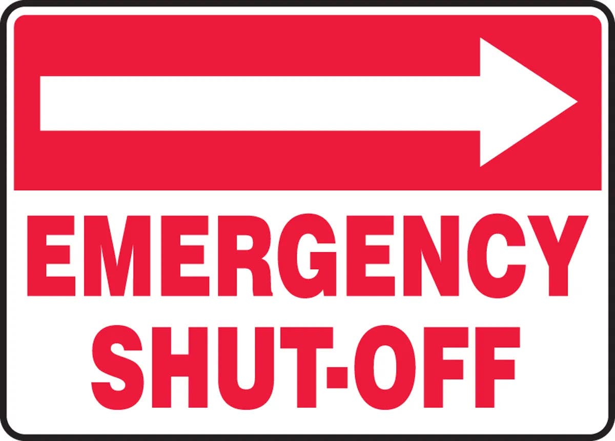 AccuformNMC MFXG5 Safety Sign, Emergency Shut-Off w/ Arrow, 10" H x 14" W