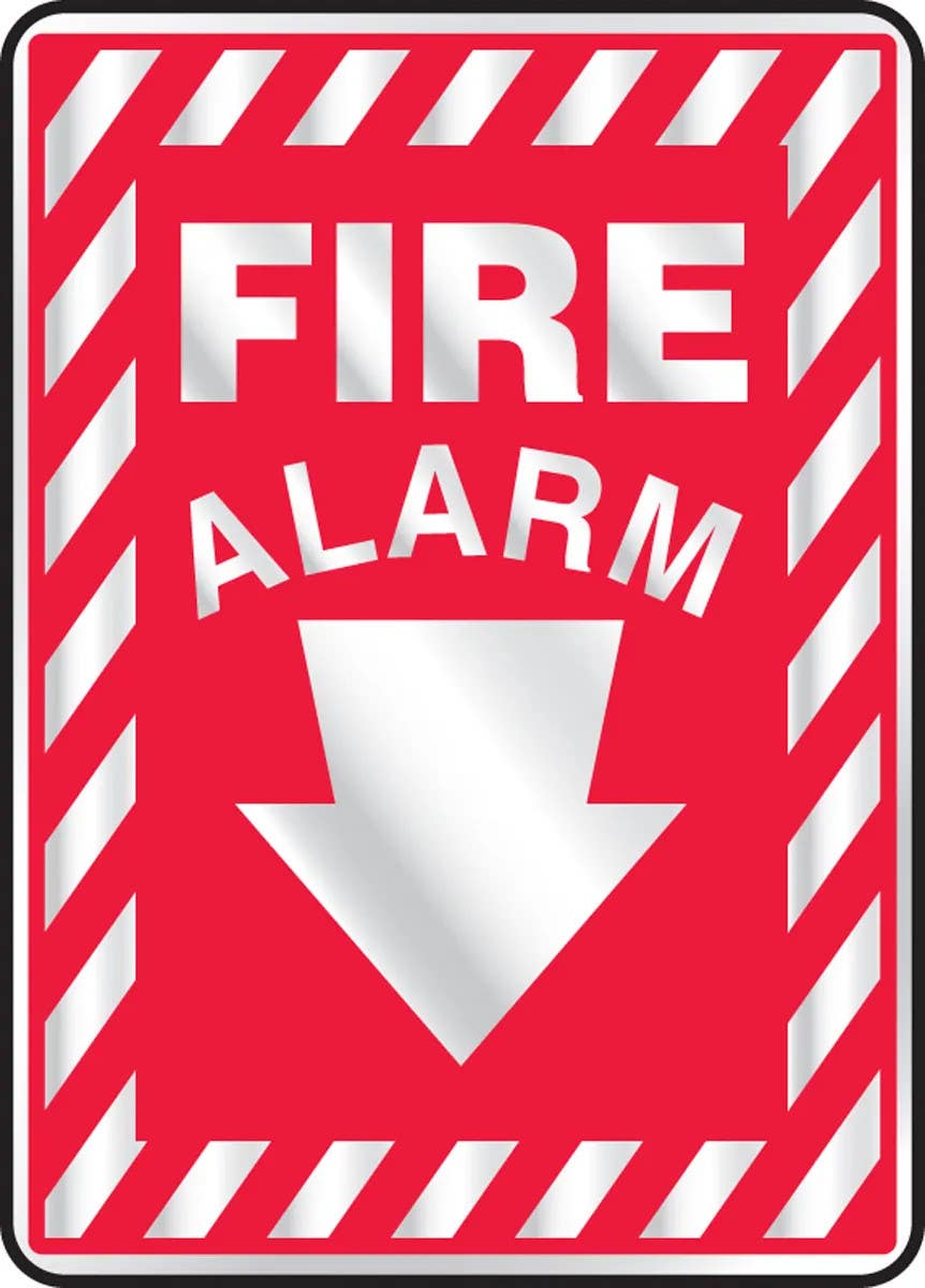 AccuformNMC MFXG904RV Safety Sign, Fire Alarm (Down Arrow), Reflective Sheet, 14" H x 10" W