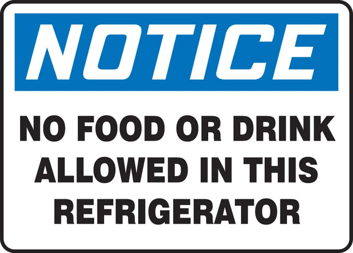 AccuformNMC MGS1 OSHA Notice Safety Sign, No Food Or Drink Allowed In This Refrigerator, Magnetic Vinyl