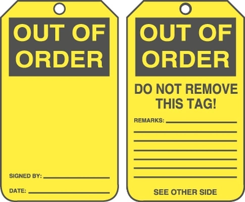 AccuformNMC MGT Safety Tag, Out Of Order, 5-3/4" H x 3-1/4" W, 5/Pk