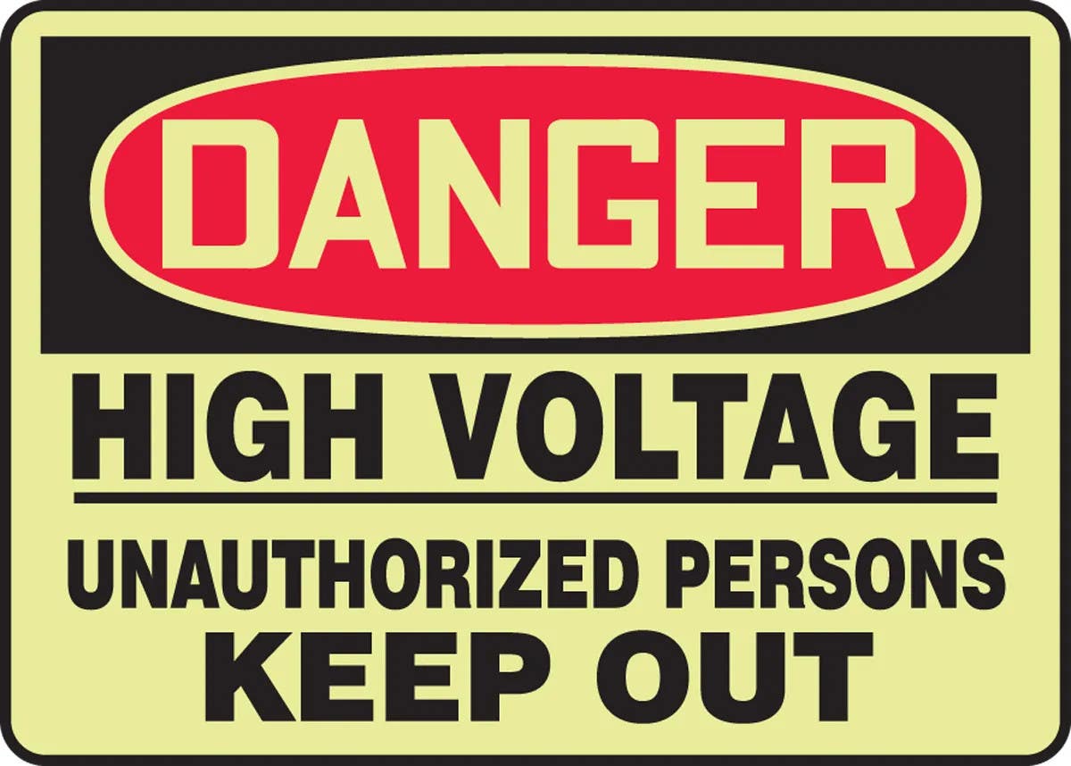 AccuformNMC MLEL134 Lumi-Glow, OSHA Danger Safety Sign, High Voltage, Unauthorized Persons Keep Out, 10" H x 14" W