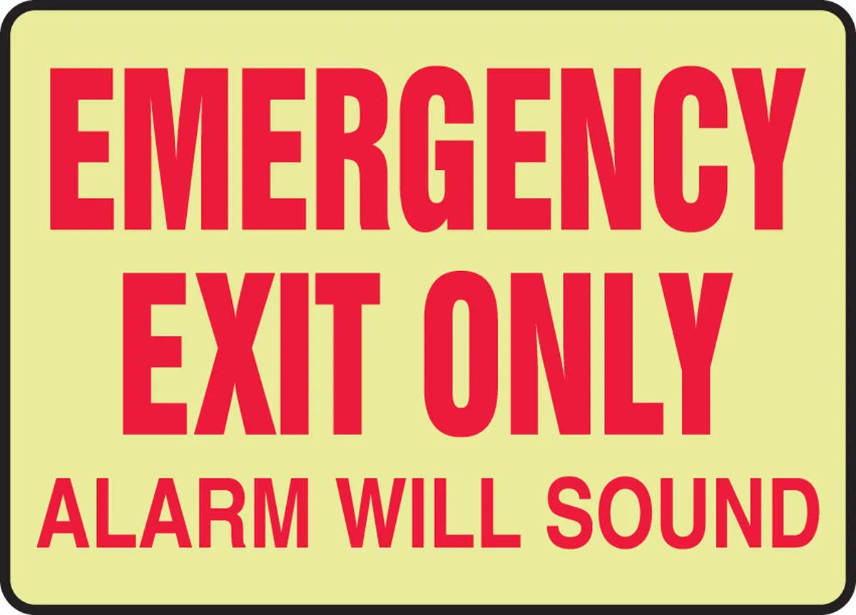 AccuformNMC MLEX544 Glow-In-The-Dark Safety Sign, Emergency Exit Only, Alarm Will Sound, 10" H x 14" W