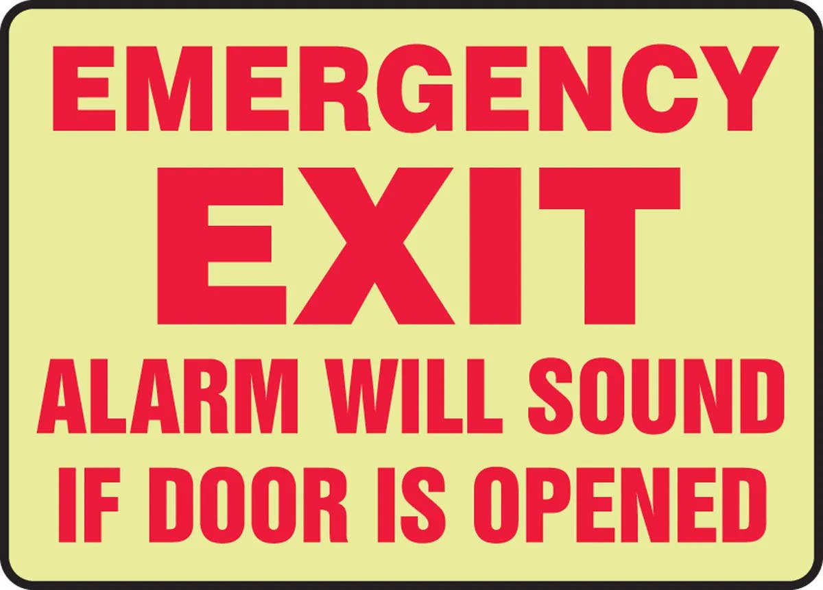 AccuformNMC MLEX560 Glow-In-The-Dark Safety Sign, Emergency Exit, Alarm Will Sound If Door Is Opened, 10" H x 14" W