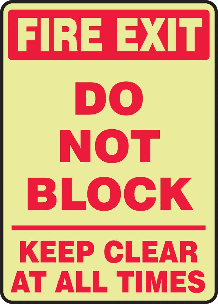 AccuformNMC MLEX565 Glow-In-The-Dark Safety Sign, Fire Exit, Do Not Block, Keep Clear At All Times, 14" H x 10" W