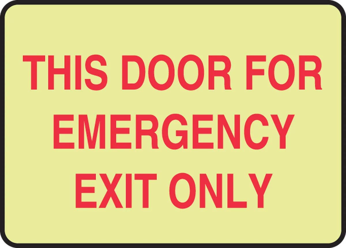 AccuformNMC MLEX572 Glow-In-The-Dark Safety Sign, This Door For Emergency Exit Only, 10" H x 14" W