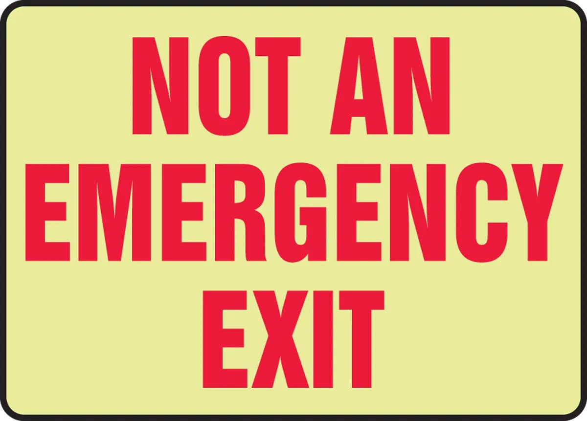 AccuformNMC MLEX573 Glow-In-The-Dark Safety Sign, Not An Emergency Exit, 10" H x 14" W