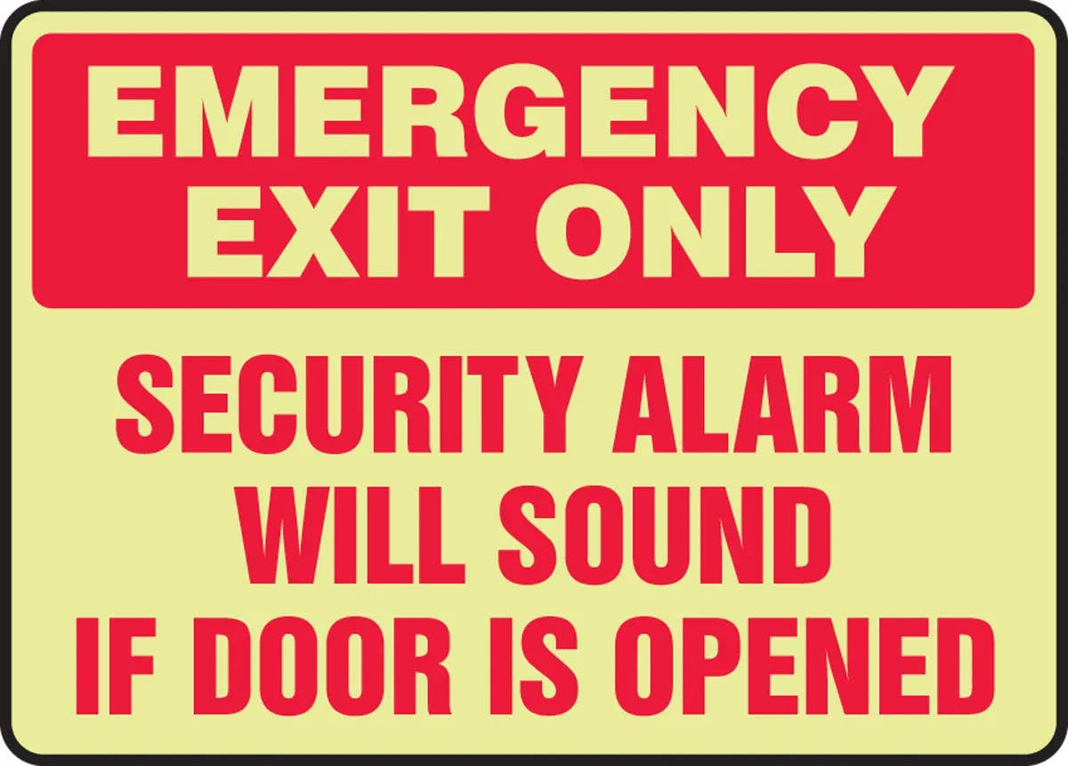 AccuformNMC MLEX574 Glow-In-The-Dark Safety Sign, Emergency Exit Only, Security Alarm Will Sound..., 10" H x 14" W