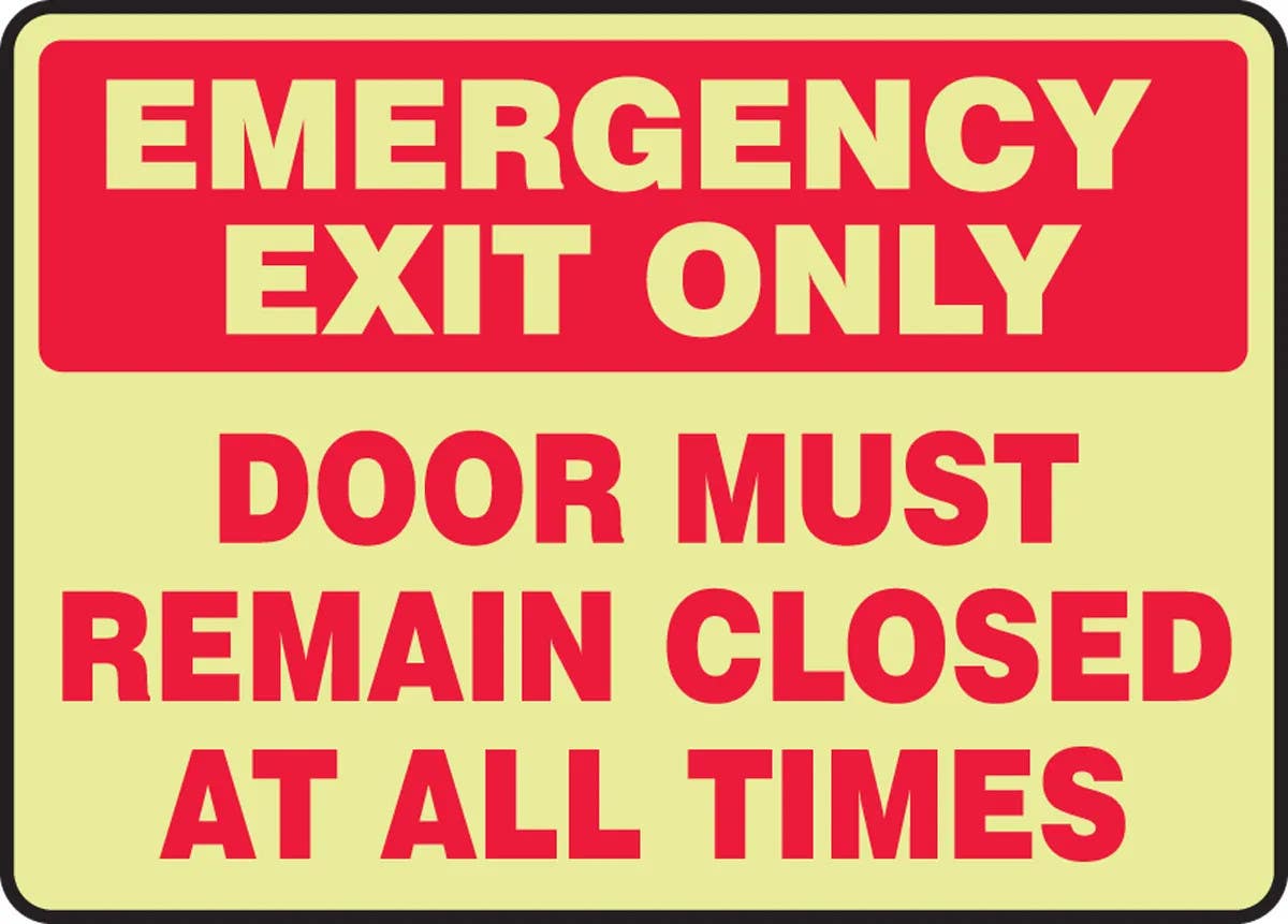 AccuformNMC MLEX575 Glow-In-The-Dark Safety Sign, Emergency Exit Only, Door Must Remain Closed..., 10" H x 14" W