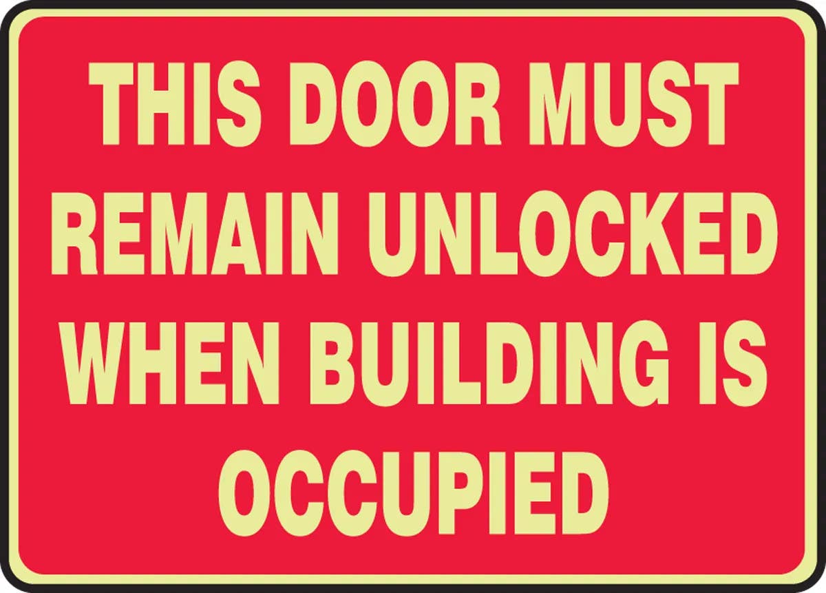AccuformNMC MLEX58 Glow-In-The-Dark Safety Sign, This Door Must Remain Unlocked When Building Is Occupied