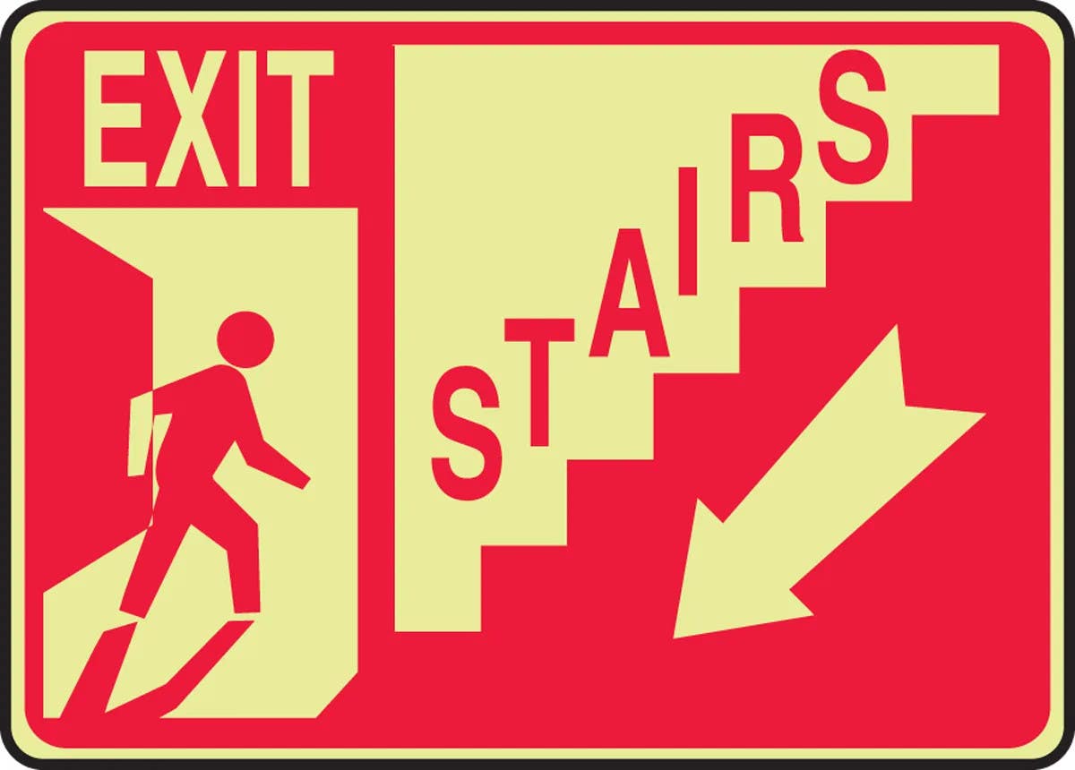 AccuformNMC MLEX591 Glow-In-The-Dark Safety Sign, Exit - Stairs (Down Arrow), 10" H x 14" W