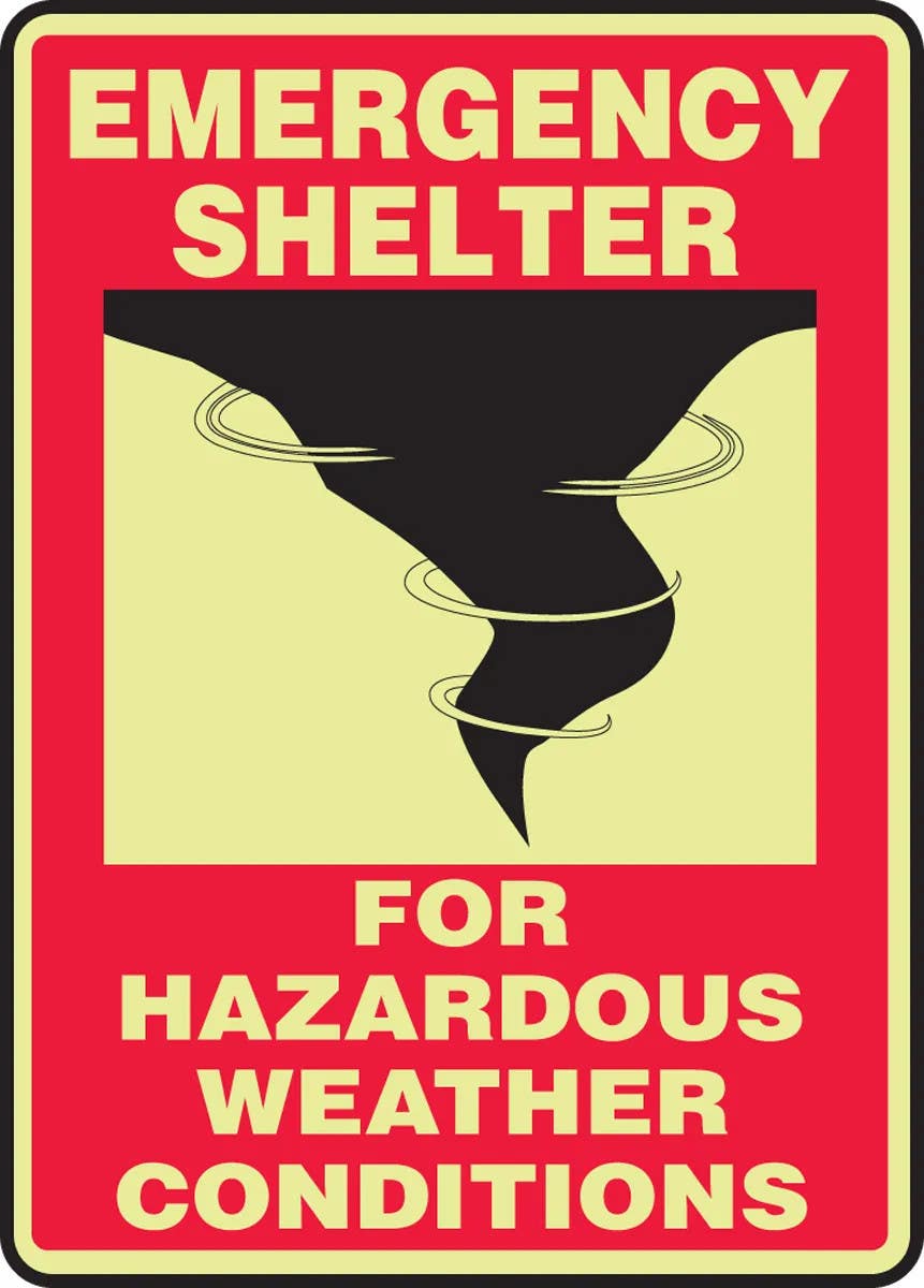 AccuformNMC MLFE546 Glow-In-The-Dark Safety Sign, Emergency Shelter For Hazardous Weather Conditions, 14" H x 10" W