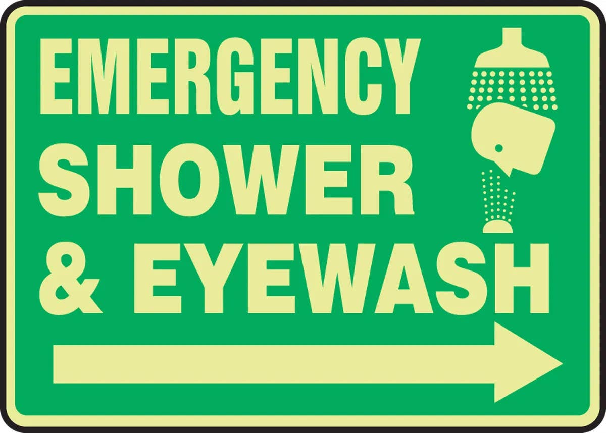 AccuformNMC MLFS5 Glow-In-The-Dark Safety Sign, Emergency Shower & Eyewash, 10" H x 14" W