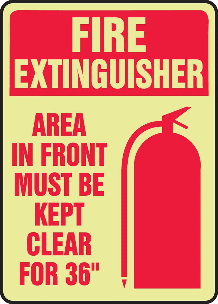 AccuformNMC MLFX520 Glow-In-The-Dark Fire Extinguisher Safety Sign, Area In Front Must Be Kept Clear...", 14" H x 10" W