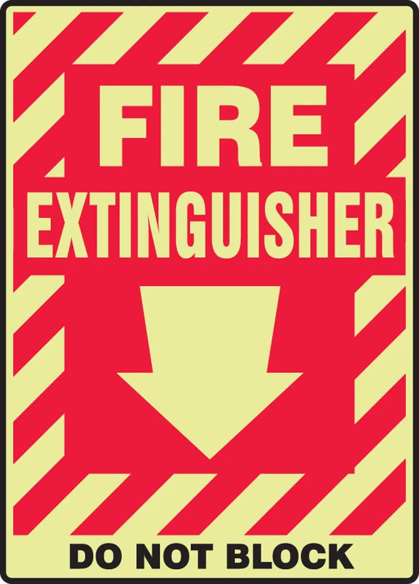 AccuformNMC MLFX521 Glow-In-The-Dark Safety Sign, Fire Extinguisher (Down Arrow) Do Not Block, 14" H x 10" W