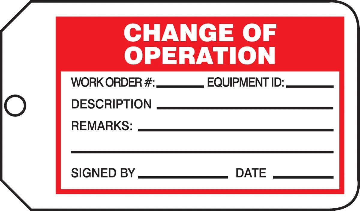 AccuformNMC MMT331 Safety Tag, Change Of Operation, 5-3/4" H x 3-1/4" W, 5/Pk