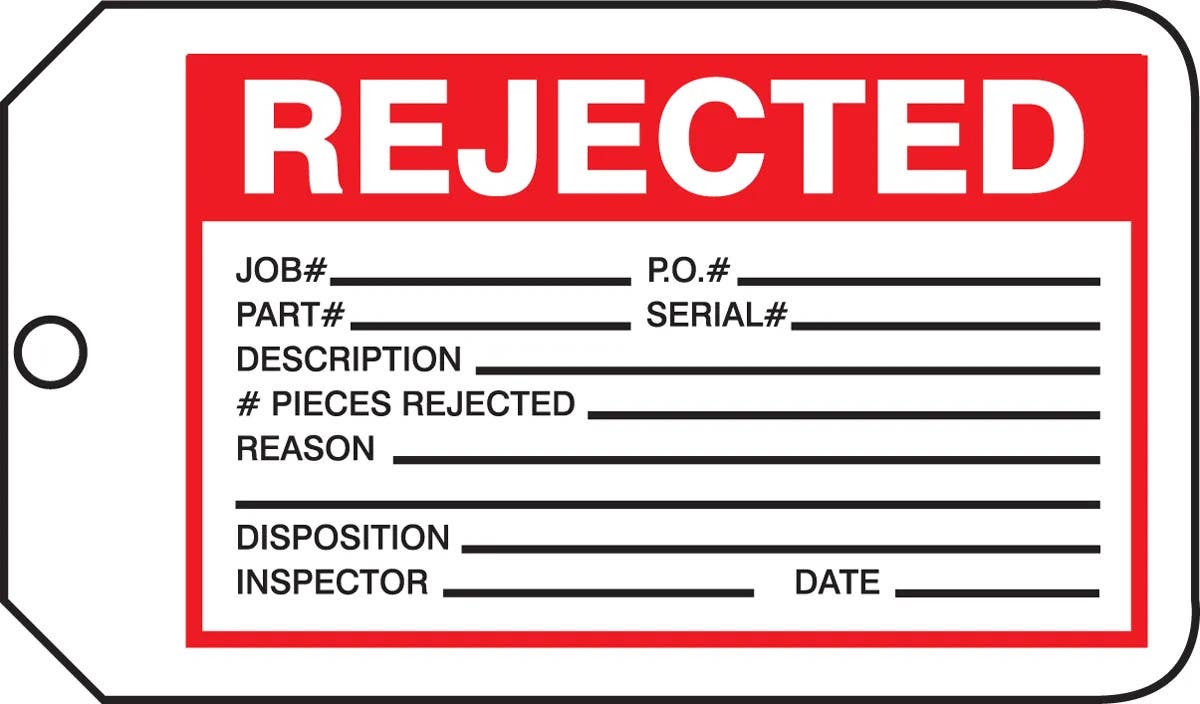 AccuformNMC MMT333 Safety Tag, Rejected, 5-3/4" H x 3-1/4" W, 5/Pk