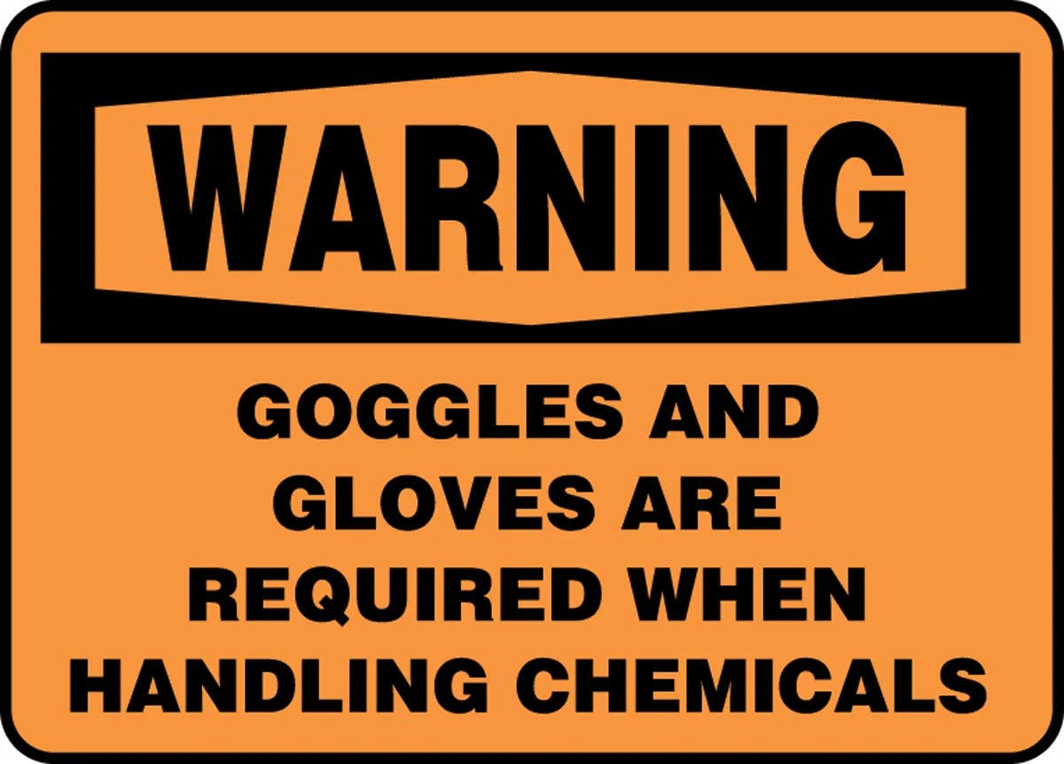 AccuformNMC MPPA303 OSHA Warning Safety Sign, Goggles And Gloves Are Required When Handling Chemicals, 10" H x 14" W
