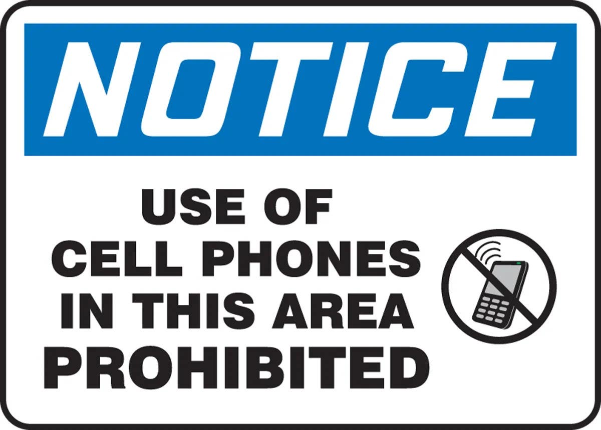 AccuformNMC MRFQ804 OSHA Notice Safety Sign, Use Of Cell Phones In This Area Prohibited, 10" H x 14" W