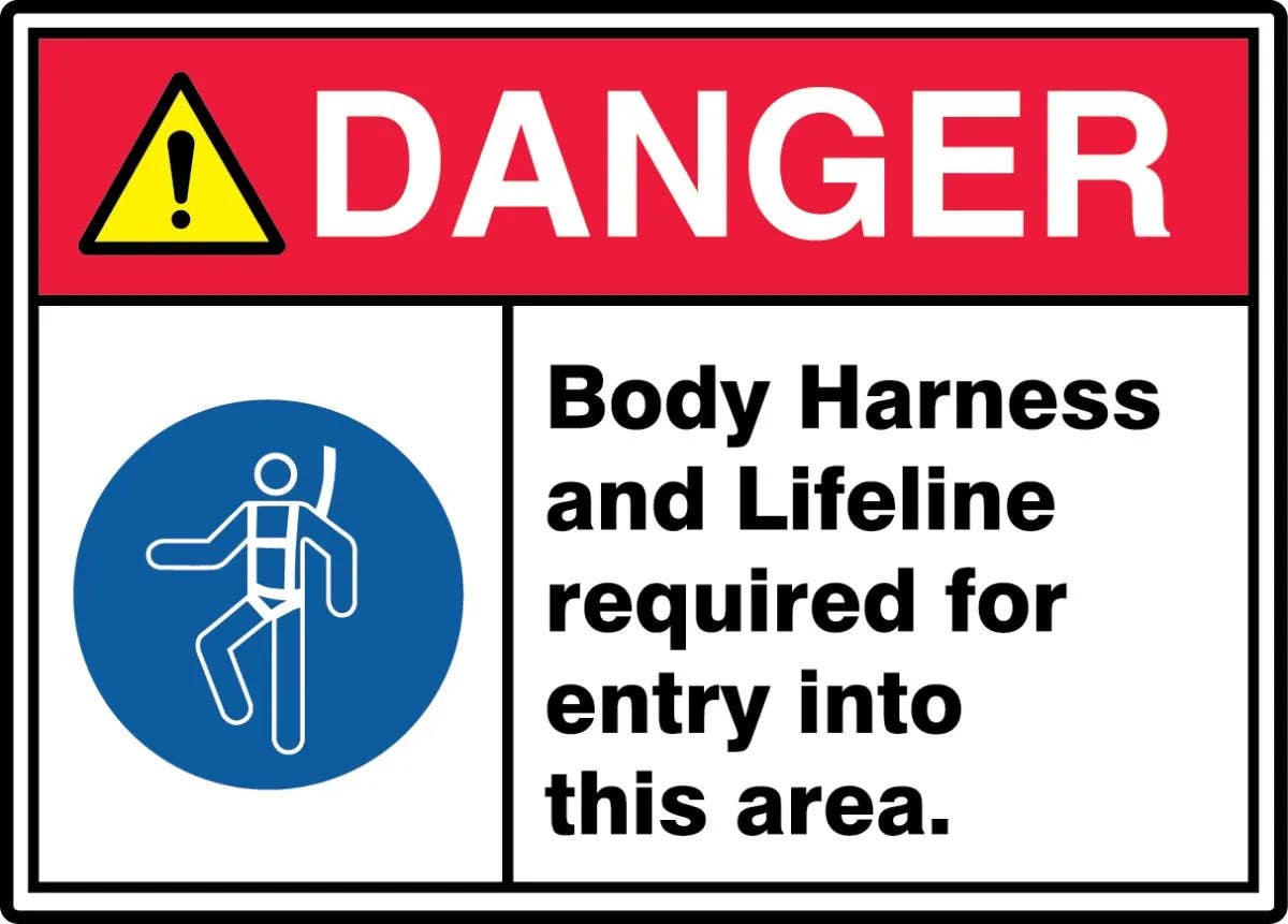 AccuformNMC MRHL01 ANSI ISO Danger Safety Sign, Body Harness And Lifeline Required For Entry Into This Area.