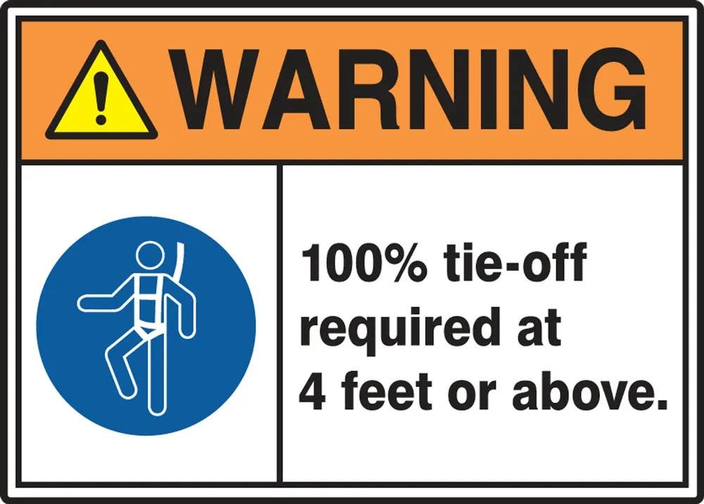 AccuformNMC MRPR301 Osha Warning Safety Signs, Warning, 100% Tie Off Required At 4 Feet Or Above, 14" H x 10" W