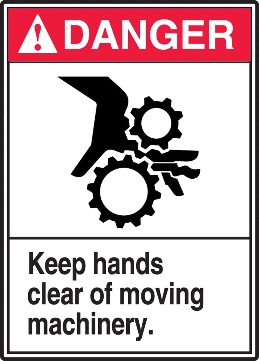 AccuformNMC MRQM102 ANSI Danger Safety Sign, Keep Hands Clear Of Moving Machinery, 14" H x 10" W