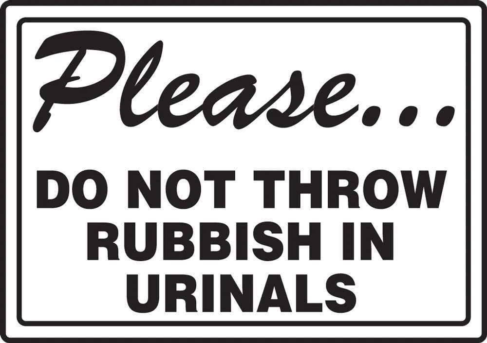 AccuformNMC MRST545 Safety Sign, Please Do Not Throw Rubbish In Urinals, 10" H x 14" W