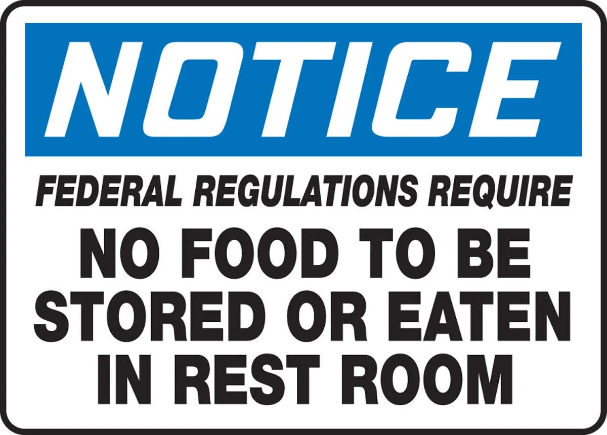 AccuformNMC MRST801 OSHA Notice Safety Sign, Federal Regulations Required, No Food To Be Stored..., 10" H x 14" W