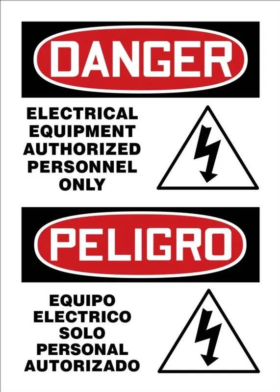 AccuformNMC MSEL001 Bilingual OSHA Danger Safety Sign, Electrical Equipment Authorized Personnel Only, 14" H x 10" W