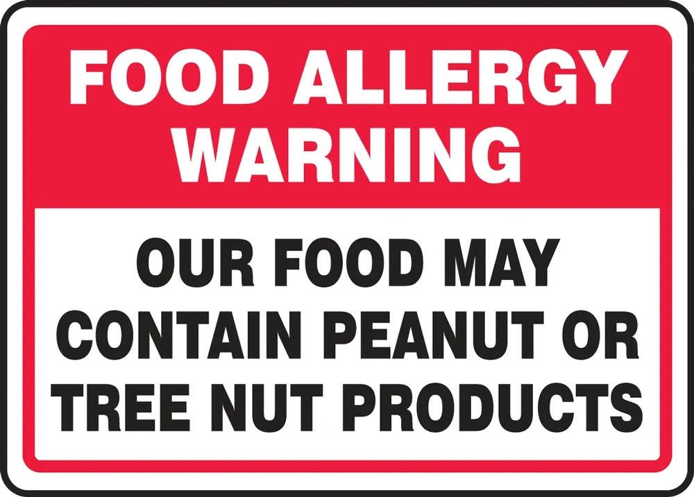 AccuformNMC MSFA51 Safety Sign, Food Allergy Warning, Our Food May Contain Peanut Or Tree Nut Products