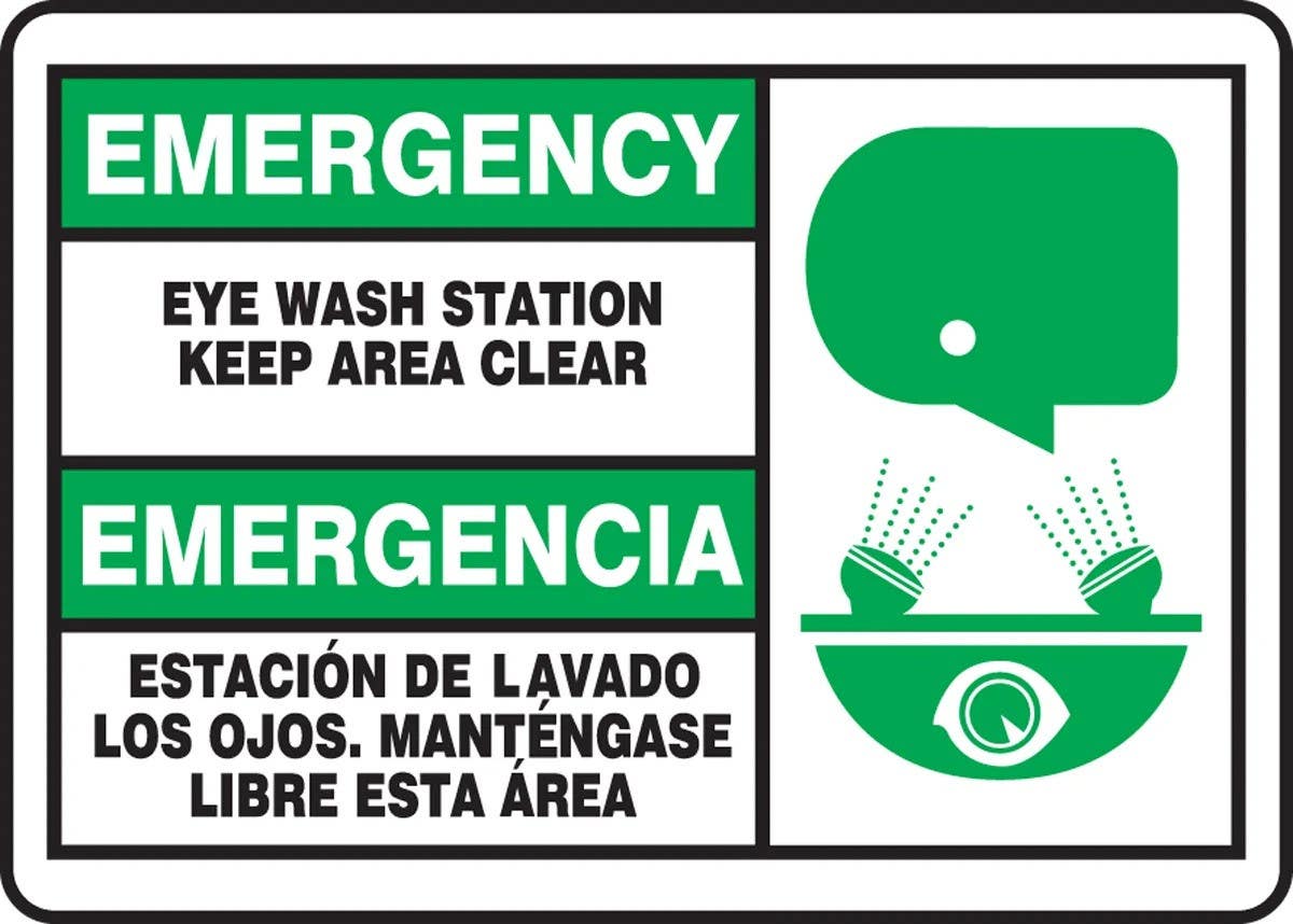 AccuformNMC M Bilingual Emergency Safety Sign, Eye Wash Station, Keep Area Clear