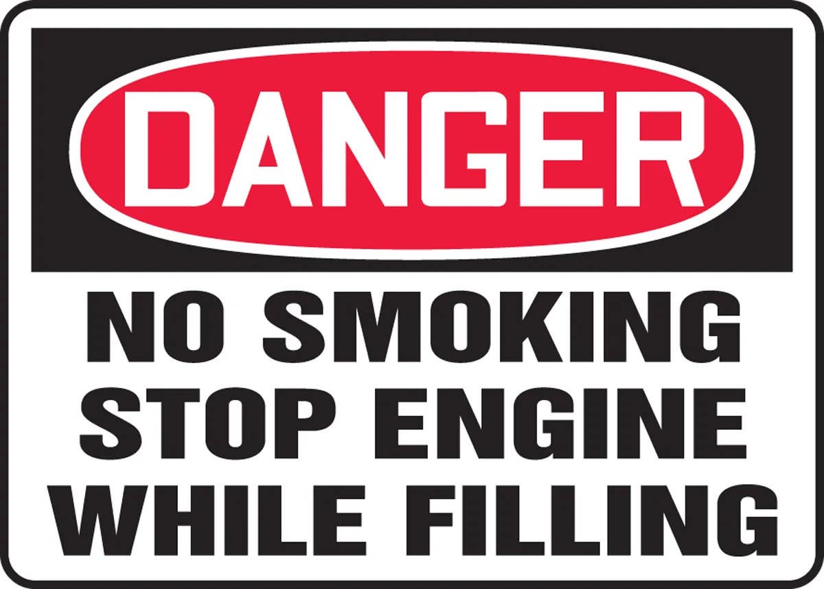 AccuformNMC MSMK104 OSHA Danger Safety Sign, No Smoking, Stop Engine While Filling, 10" H x 14" W