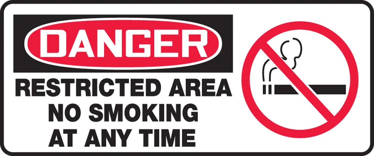 AccuformNMC MSMK109 OSHA Danger Safety Sign, Restricted Area, No Smoking At Any Time, 7" H x 17" W