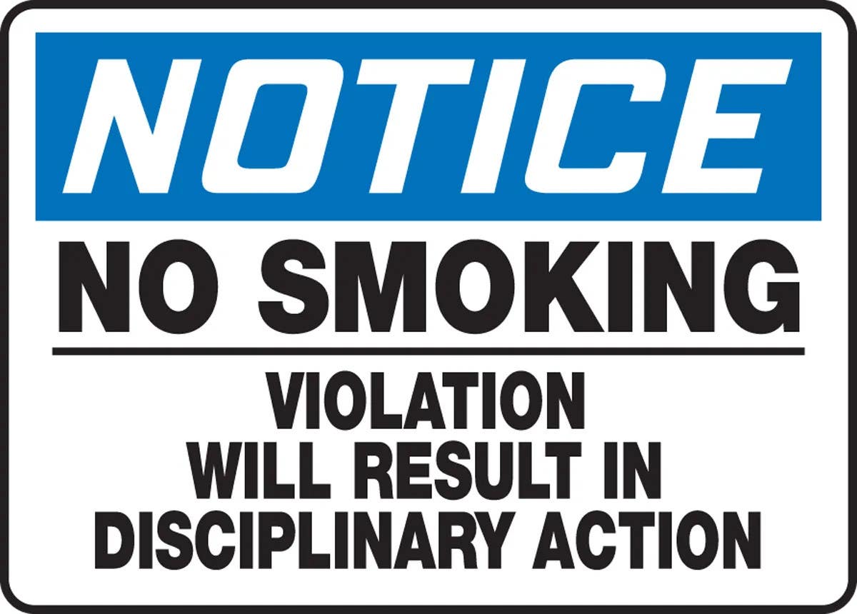 AccuformNMC MSMK801 OSHA Notice Safety Sign, No Smoking, Violation Will Result In Disciplinary Action, 10" H x 14" W