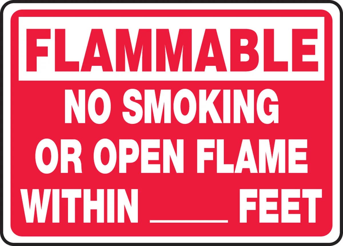 AccuformNMC MSMK916 Flammable Safety Sign, No Smoking Or Open Flame Within __ Feet, 10" H x 14" W