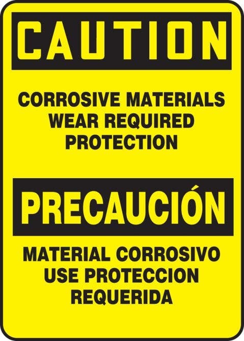 AccuformNMC MSN234 Bilingual Caution Safety Label Corrosive Materials Wear Required Protection, 2" H x 3" W, 500/Roll