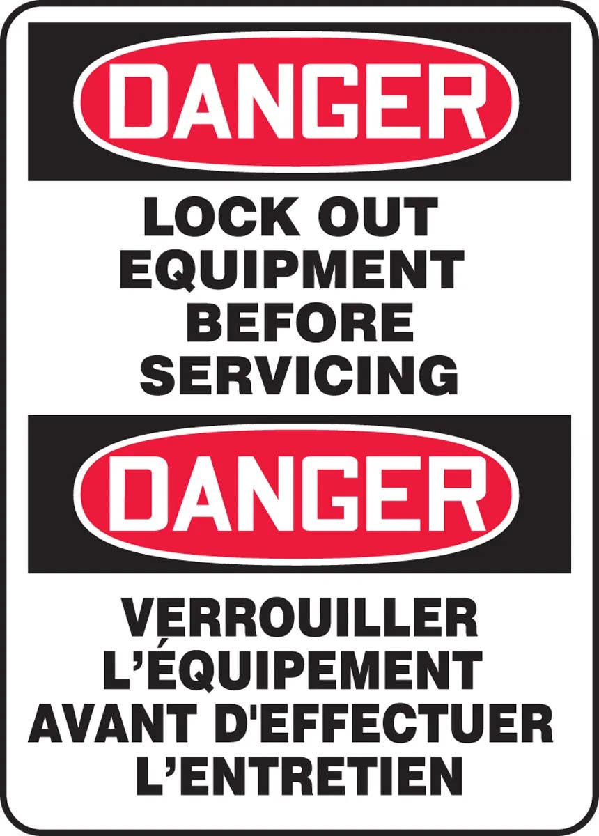 AccuformNMC MTFC170 Bilingual OSHA Notice Safety Sign, Lock Out Equipment Before Servicing, 14" H x 10" W