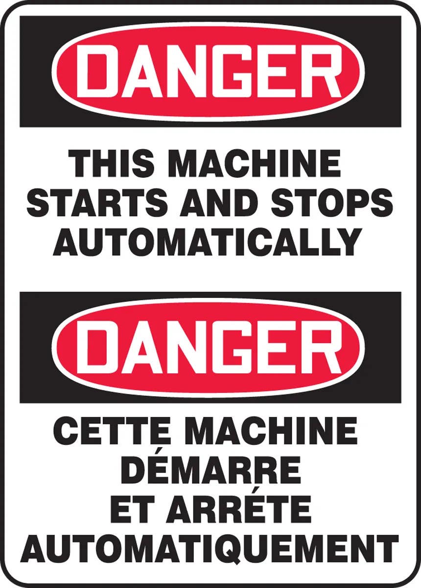 AccuformNMC MTFC181 Bilingual OSHA Notice Safety Sign, This Machine Start And Stops Automatically, 14" H x 10" W