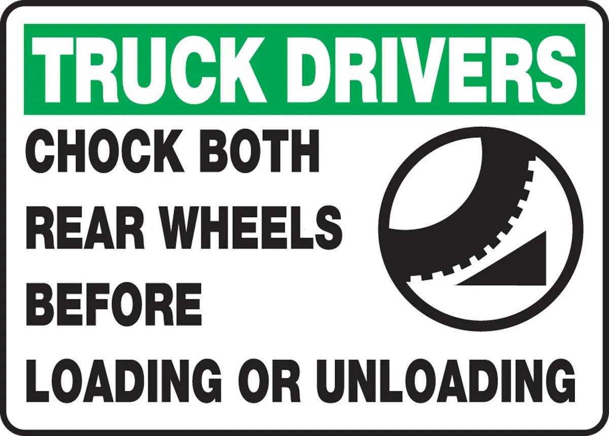 AccuformNMC MTKC910 Truck Drivers Safety Sign, Chock Both Rear Wheels Before Loading Or Unloading, 10" H x 14" W