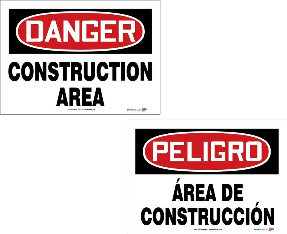 AccuformNMC MTMA105 OSHA Danger Bilingual Safety Sign Pack, Construction Area, PF-Cardstock, 10" H x 14" W, 10/Pk