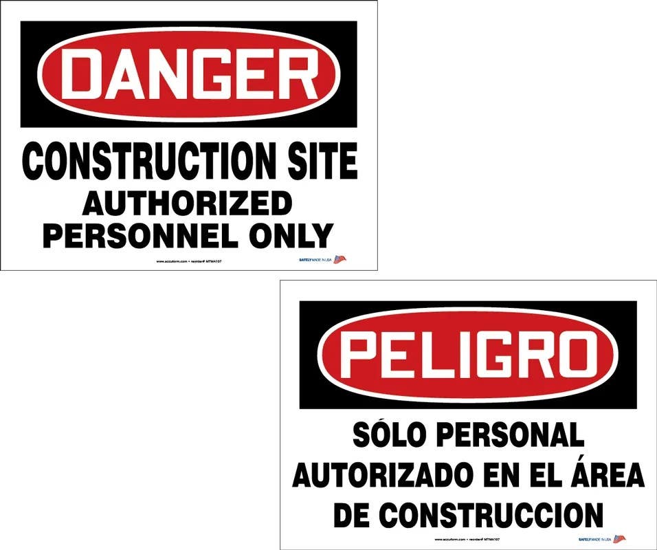 AccuformNMC MTMA107 OSHA Danger Bilingual Safety Sign Pack, Construction Site Authorized Personnel Only, PF-Cardstock, 10/Pk
