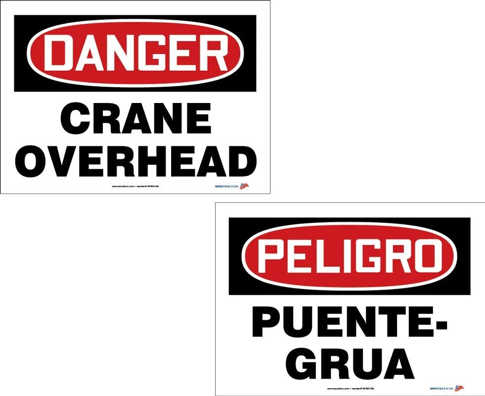 AccuformNMC MTMA109 Bilingual OSHA Danger Safety Sign Pack, Crane Overhead, PF-Cardstock, 10" H x 14" W, 10/Pk
