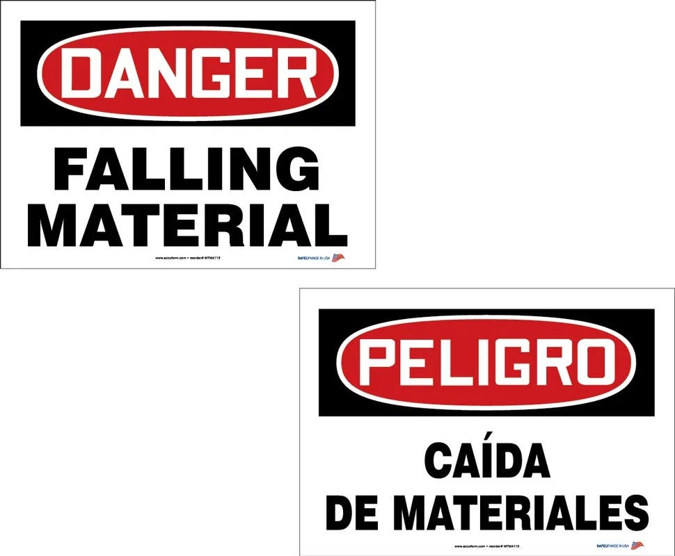 AccuformNMC MTMA115 Bilingual OSHA Danger Safety Sign Pack, Falling Material, PF-Cardstock, 10" H x 14" W, 10/Pk