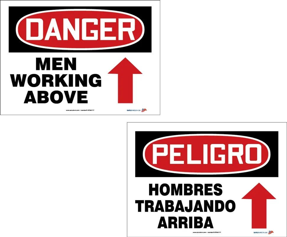 AccuformNMC MTMA117 Bilingual OSHA Danger Safety Sign Pack, Men Working Above, PF-Cardstock, 10" H x 14" W, 10/Pk
