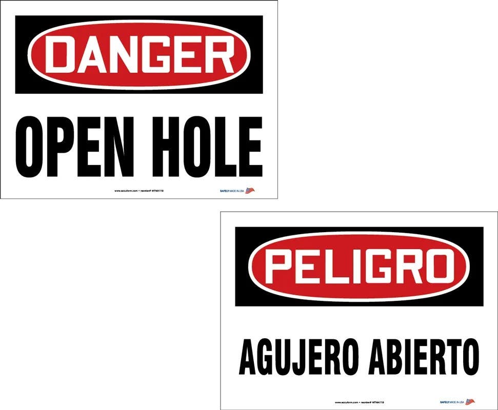 AccuformNMC MTMA119 Bilingual OSHA Danger Safety Sign Pack, Open Hole, PF-Cardstock, 10" H x 14" W, 10/Pk
