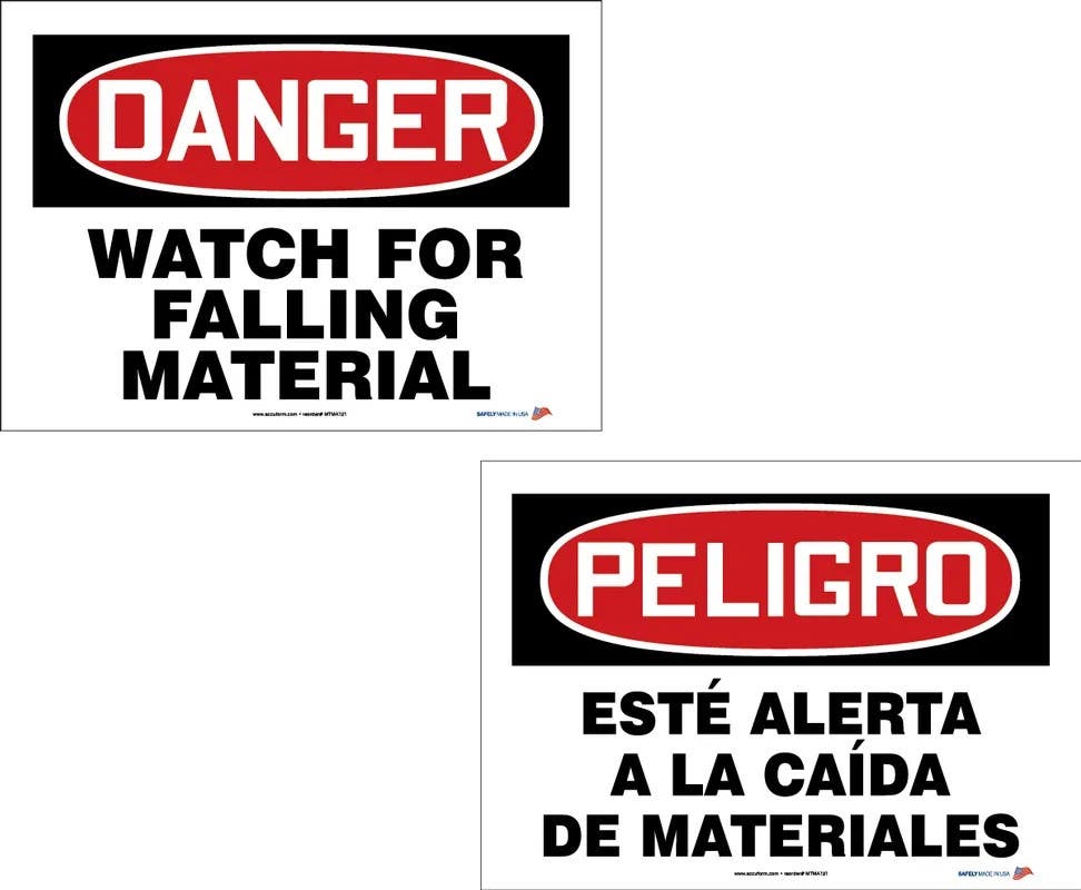 AccuformNMC MTMA121 Bilingual OSHA Danger Safety Sign Pack, Watch For Falling Material, PF-Cardstock, 10" H x 14" W, 10/Pk